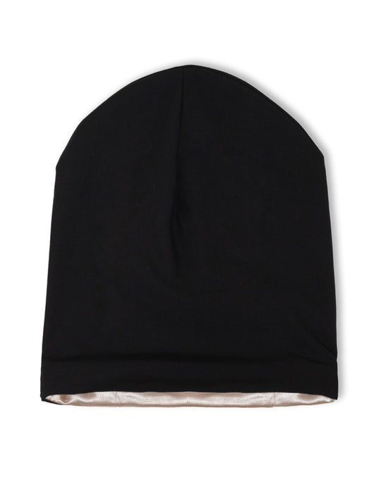 Black Beanie Sleeping Bonnet with satin lining; adjustable sleep cap to protect hair at night