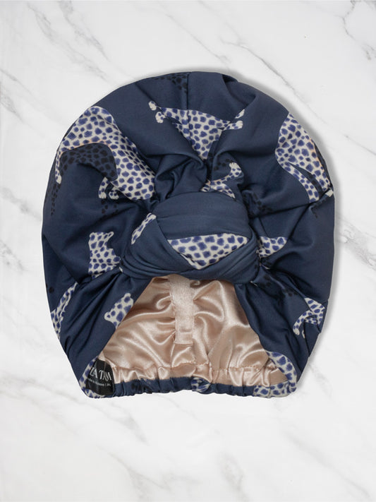 Navy Blue Leopard Top Knot Turban Hat