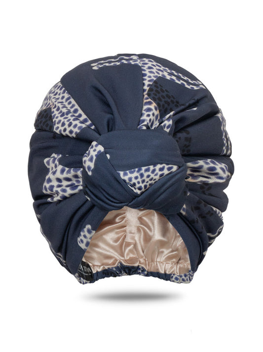 Navy Blue Leopard Top Knot Turban Hat