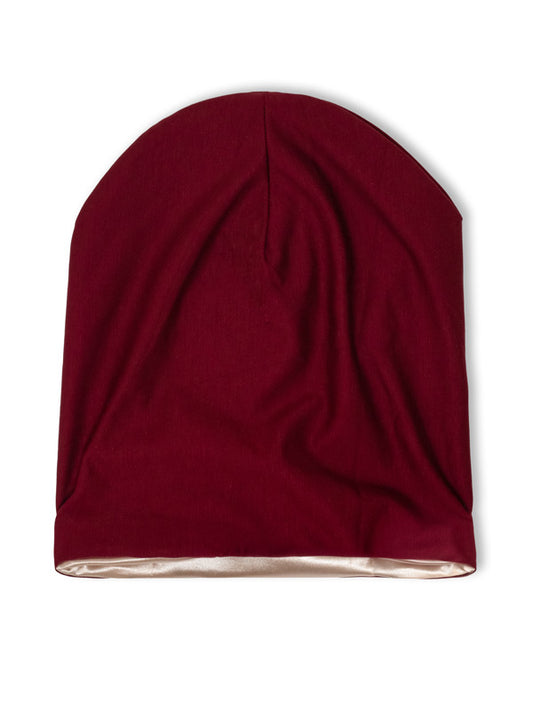 dark red satin lined beanie hat for curly and natural hair