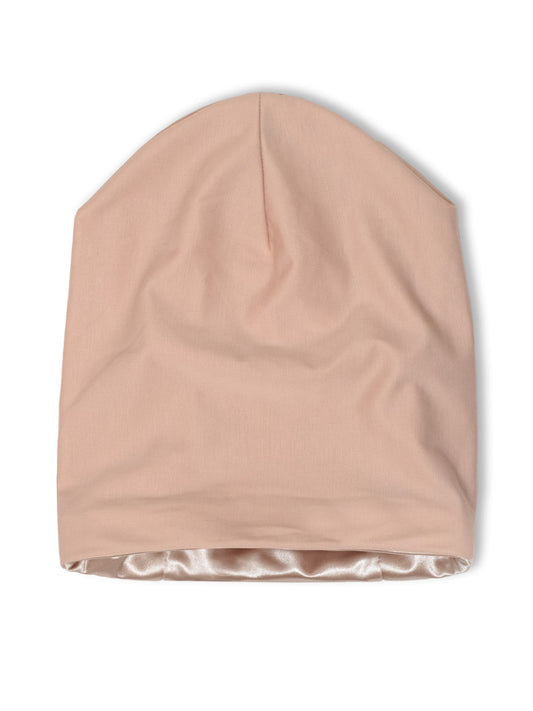 Pink Beanie Sleeping Bonnet with satin lining; adjustable sleep cap to protect hair at night