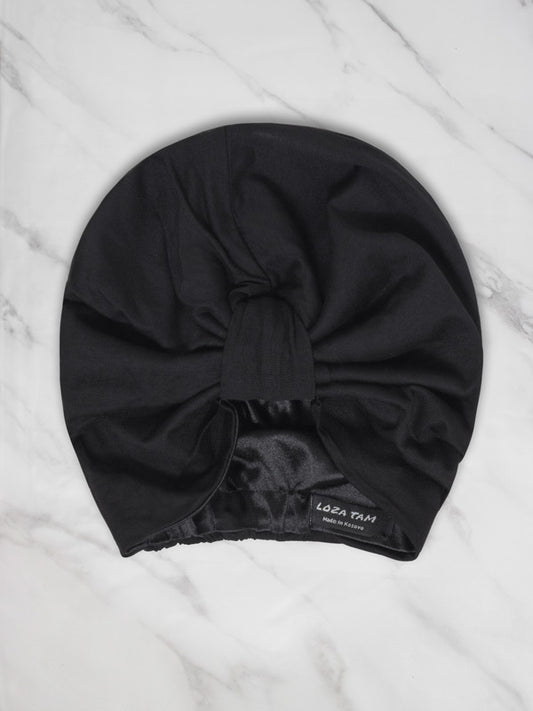 Black satin lined pre-tied turban for women 