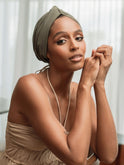 Olive Green Satin-Lined Turban Head Wrap For Women. Pre-tied and satin lined turban wrap hat for women. 