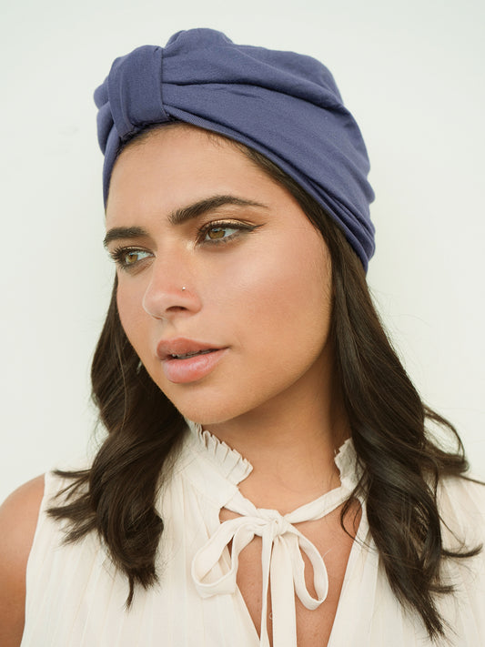 slate blue satin lined turban head wrap for women. turban head wrap is satin lined and perfect for women with curly and chemo hair. best way to hide a bad hair day