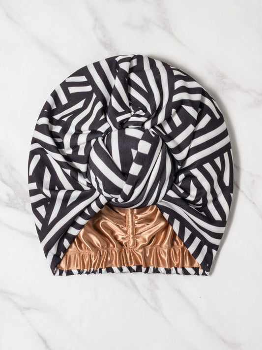 black and white satin-lined head wrap for women with curly hair 