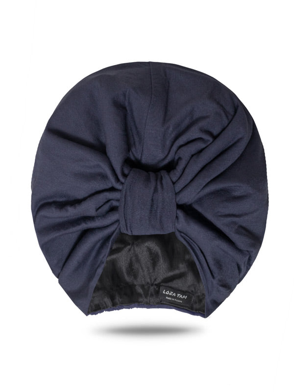 Navy blue satin lined head wrap. pre-tied turban hats to protect the hair and scalp. perfect chemo turban hats