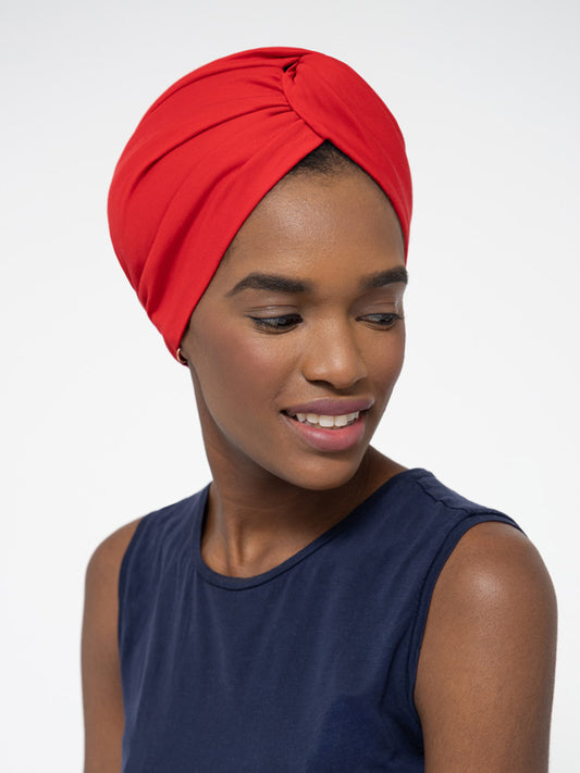 Red Satin lined headwrap for women; beautiful head wrap and chemo turban for women with cancer