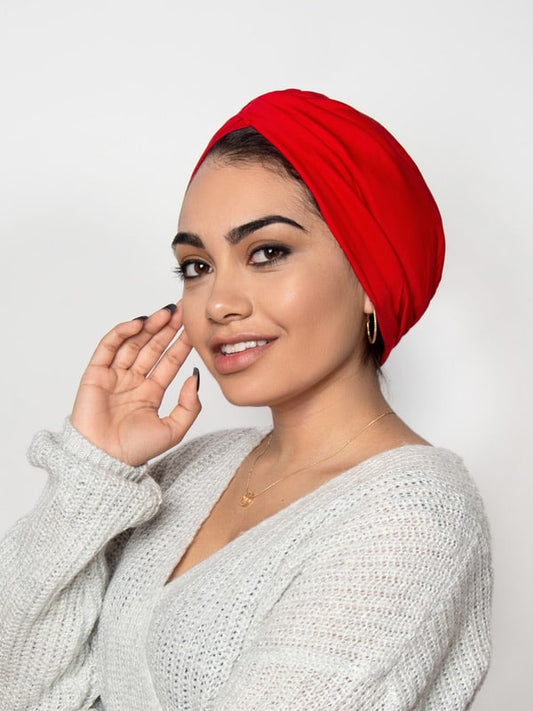 Red chemo turban head wrap for women