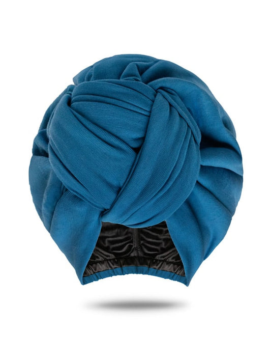 Blue satin lined head wrap for women with curly hair
