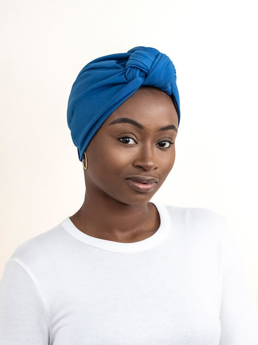 classic blue chemo cap for women experiencing hair loss from chemotherapy